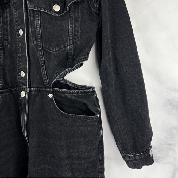 Zara Cut Out Full Length Wide Leg Collared Denim Jumpsuit Edgy Grunge Black M - Picture 5 of 7